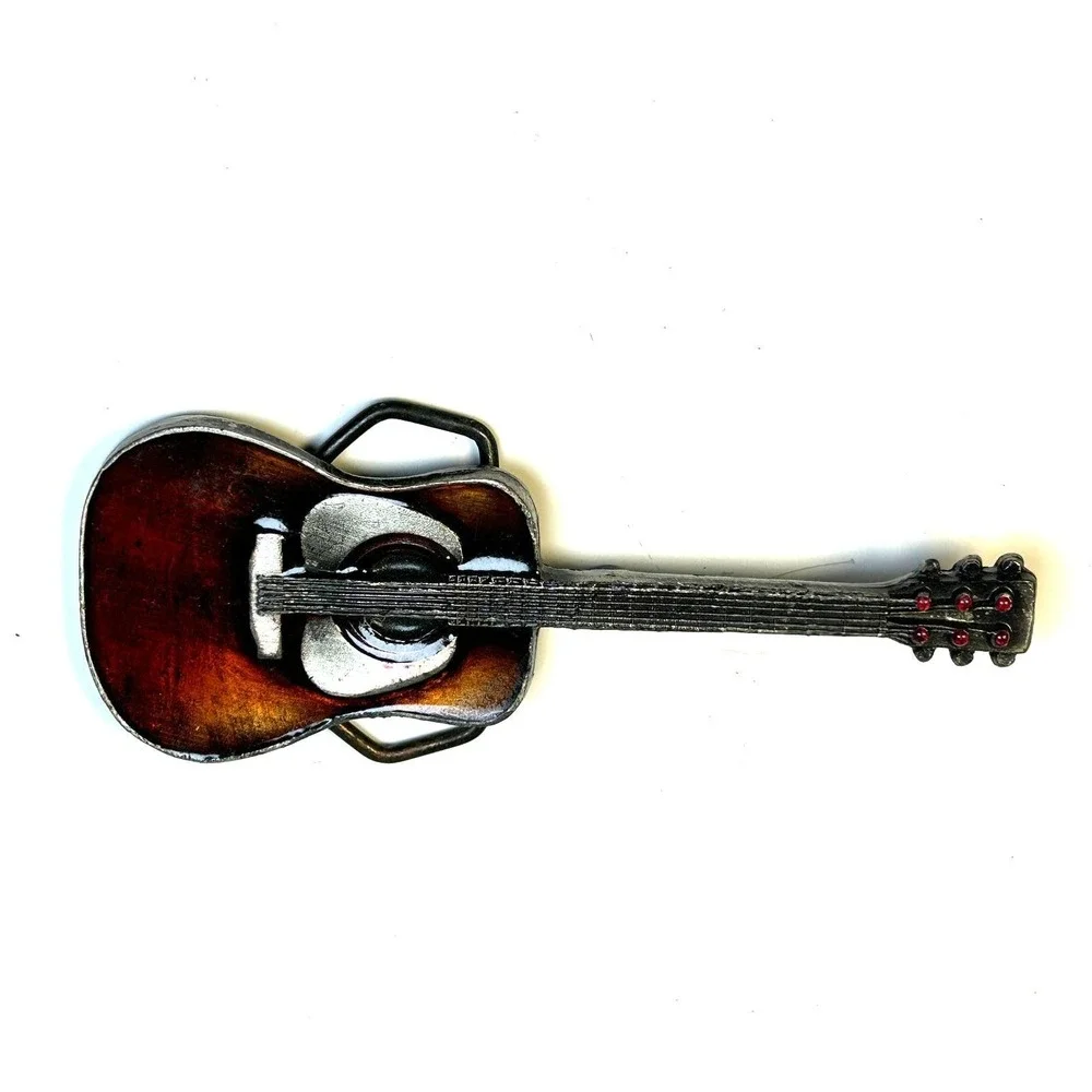 Vintage Guitar Belt Buckle 1970s Enamel Musician Gift Country, Rock Nashville
